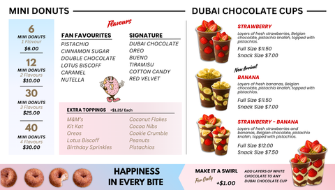 Mini Donuts, Dubai Chocolate Cups